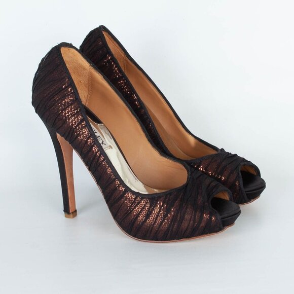 Badgley Mischka Womens Star Sequin Pumps Size 6 Bronze Black Mesh Peep Toe - Picture 1 of 9
